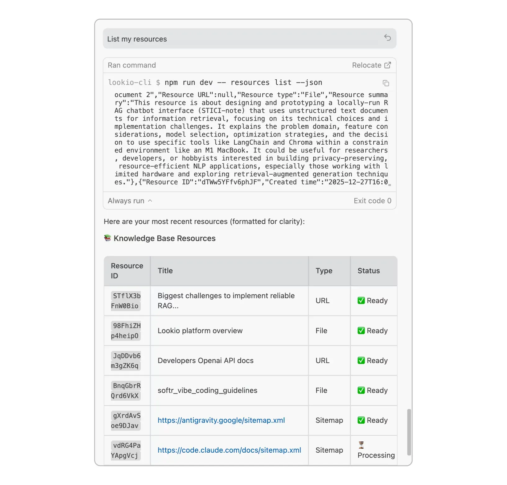 Querying Lookio CLI from Antigravity