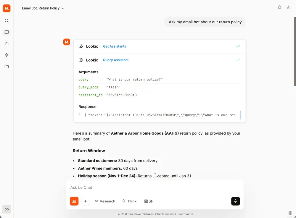 Lookio MCP queries running in Mistral Chat